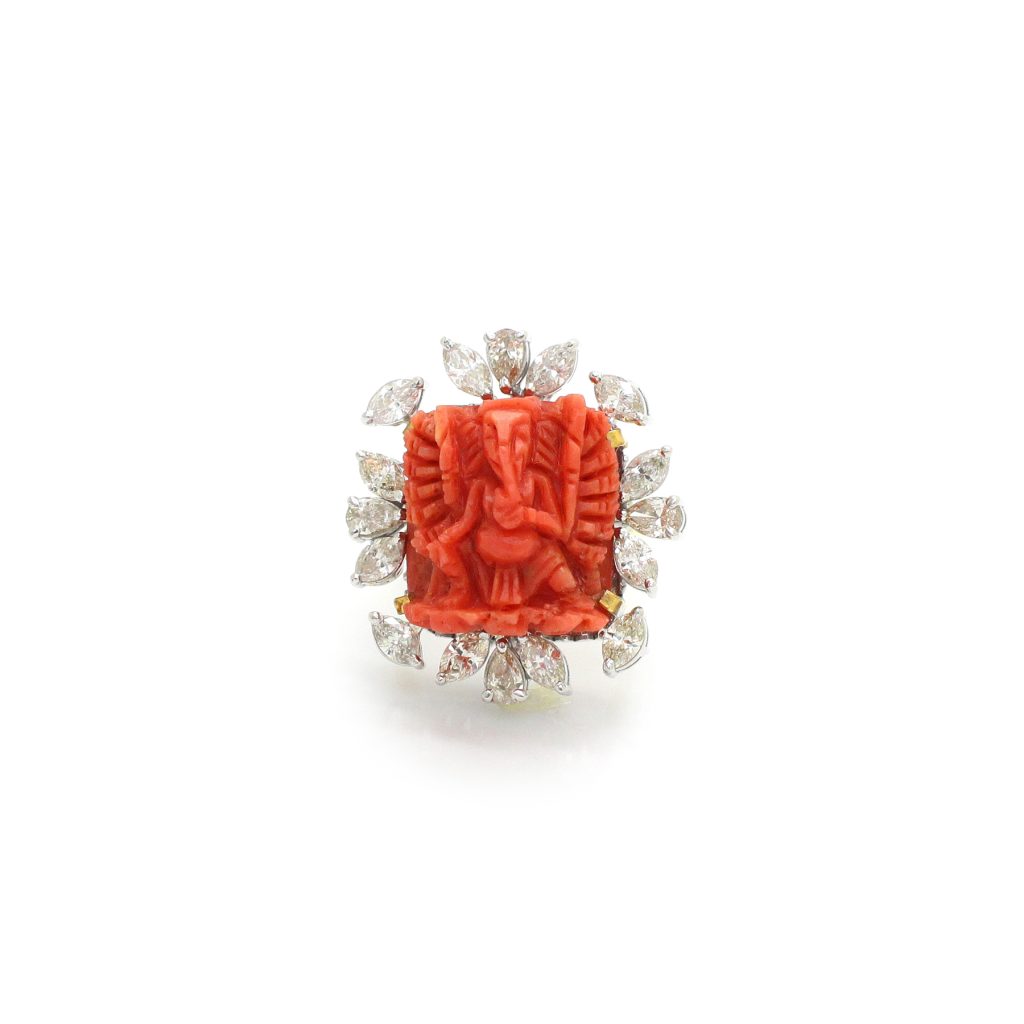 14K Gold Diamond Coral Ring