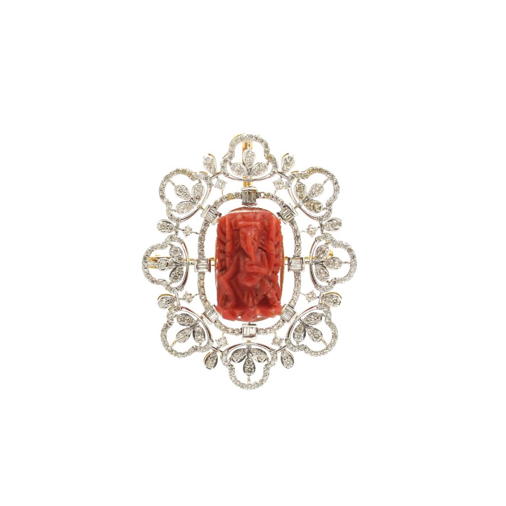 14K Gold Diamond Coral Brooch