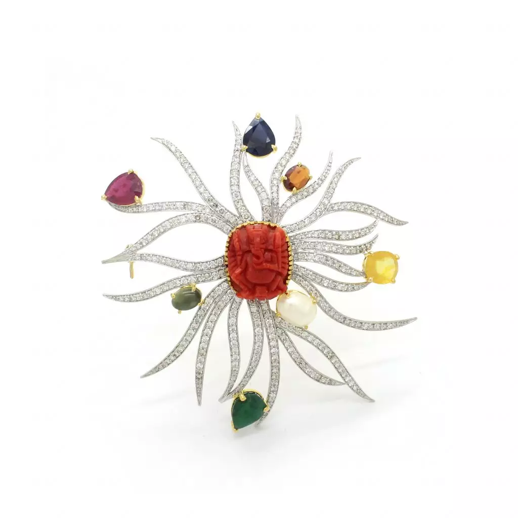 Diamond Coral Nawaratna Brooch