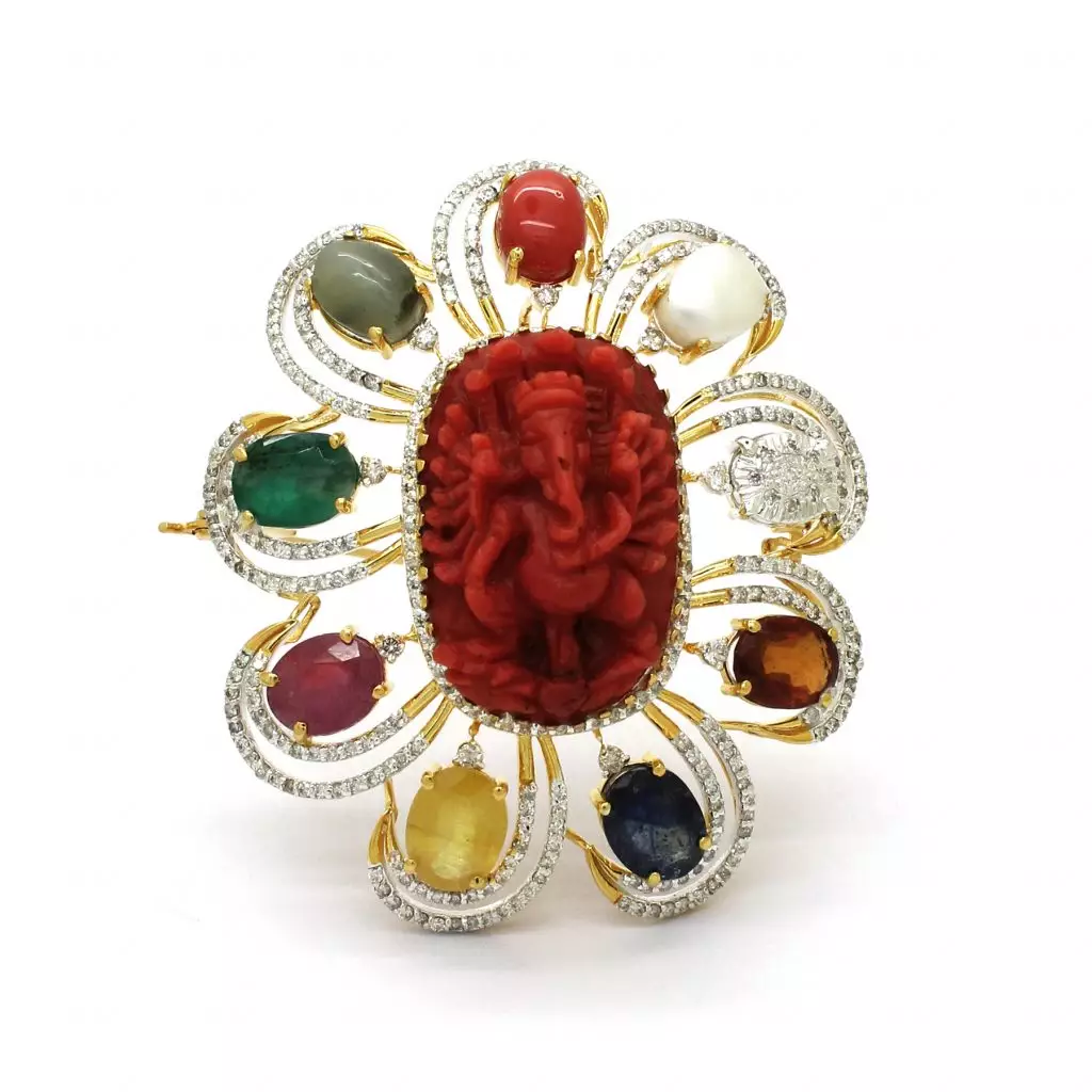 Diamond Coral Navaratna locket Brooch