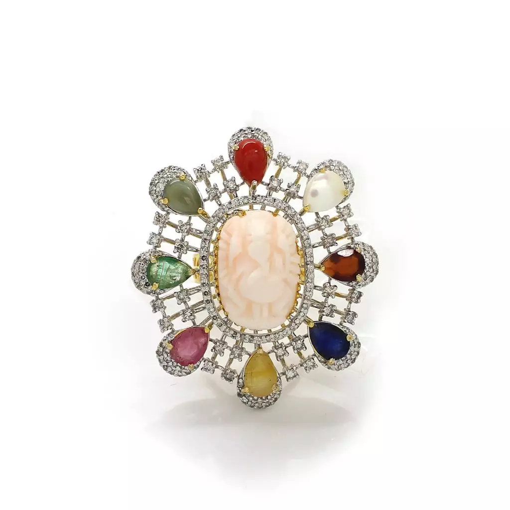 Diamond Coral Nawaratna Ganesh Ring