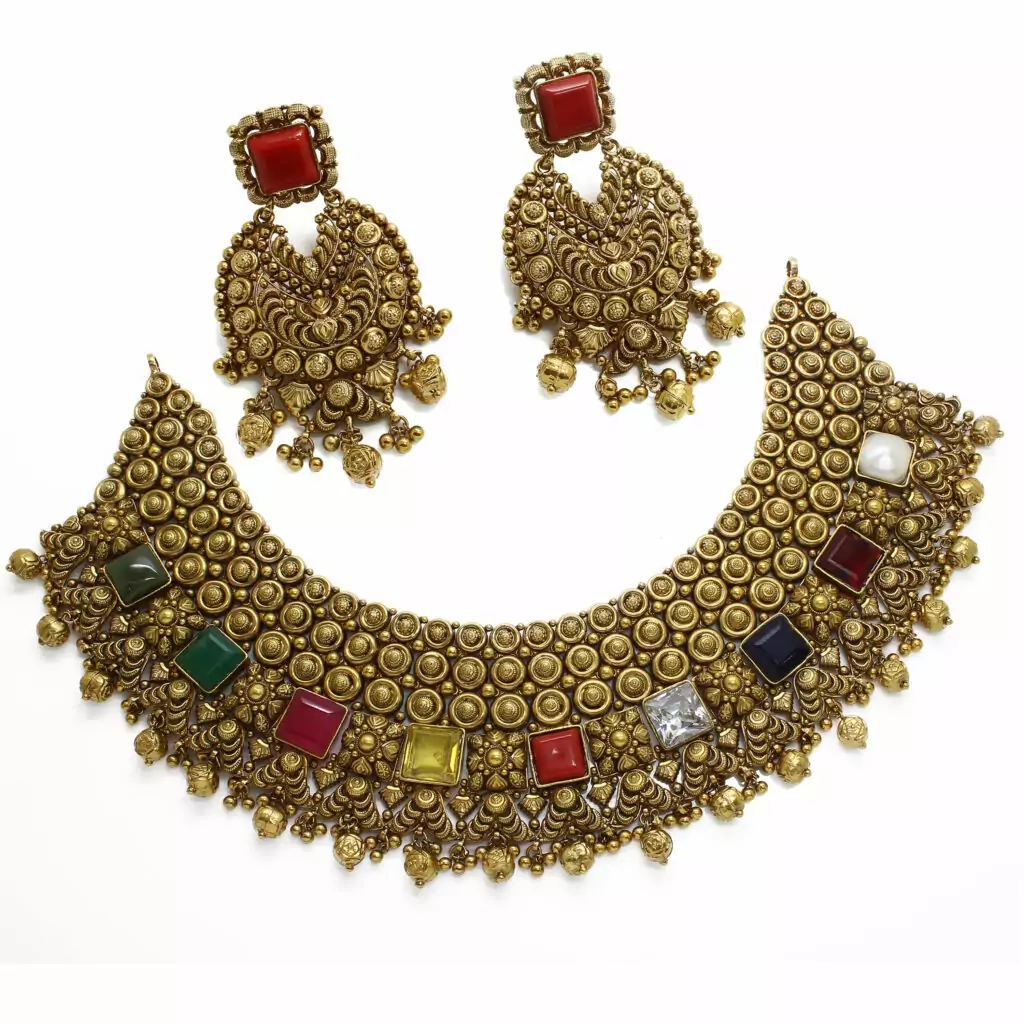 22K Gold Antique Navaratna Necklace Jhumka