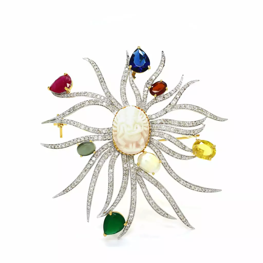 Diamond Coral nawaratna Brooch